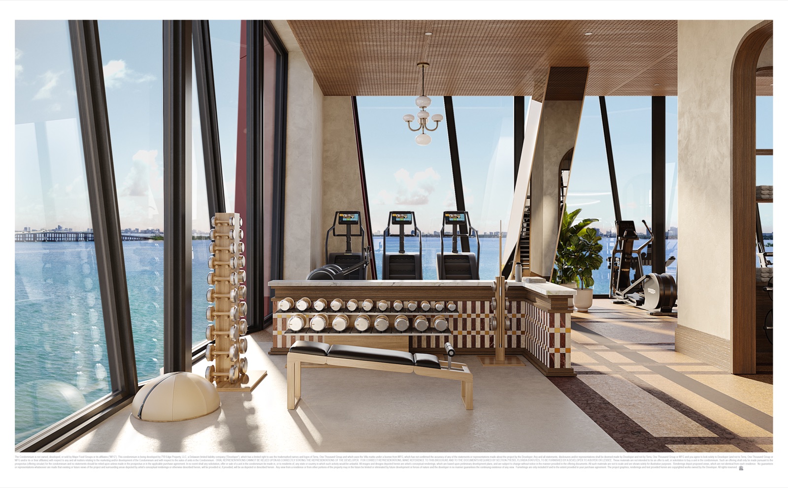 Technogym fitness center at Villa Miami — state-of-the-art equipment with yoga, pilates, and boxing studios.