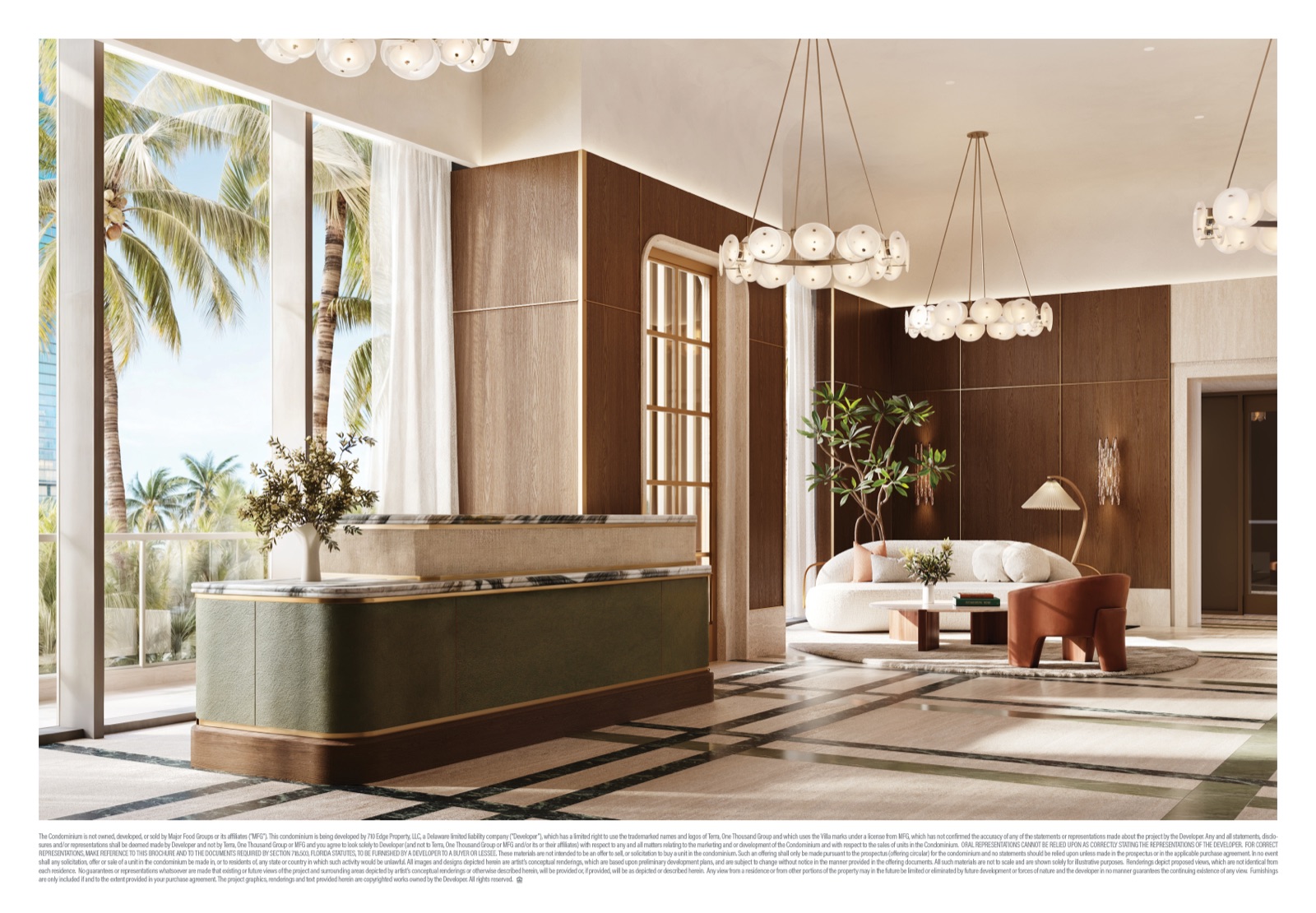 Villa Miami arrival reception — Charles & Co. interiors with fluted glass, lacquer, and brass details.