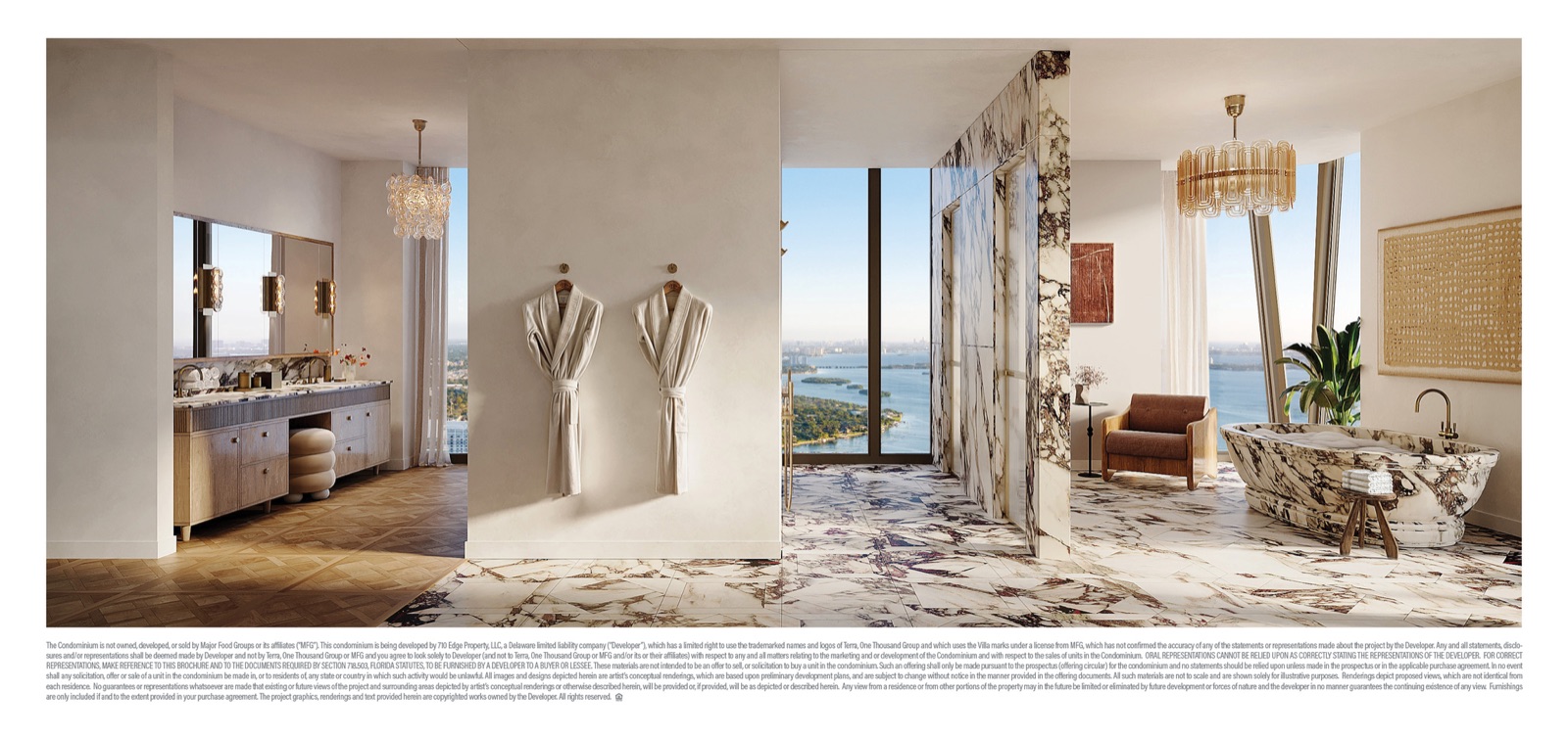 Villa Triplo Penthouse primary bath — Greige Onyx porcelain, travertine floors, oversized soaking tub against bayfront windows.