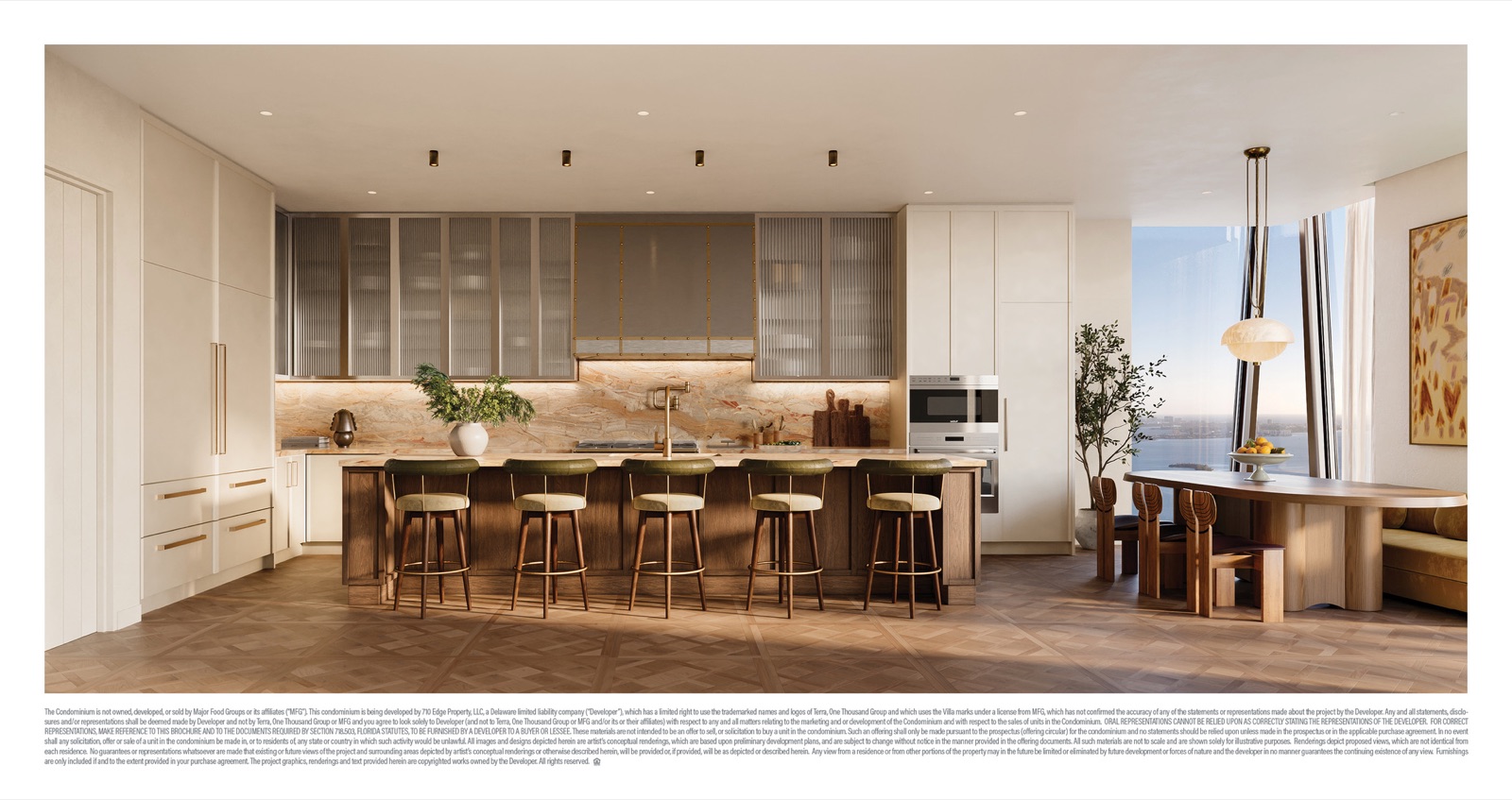 Villa Triplo Penthouse kitchen — Mario Carbone custom design, brass and lacquer details, full Wolf and Sub-Zero suite.