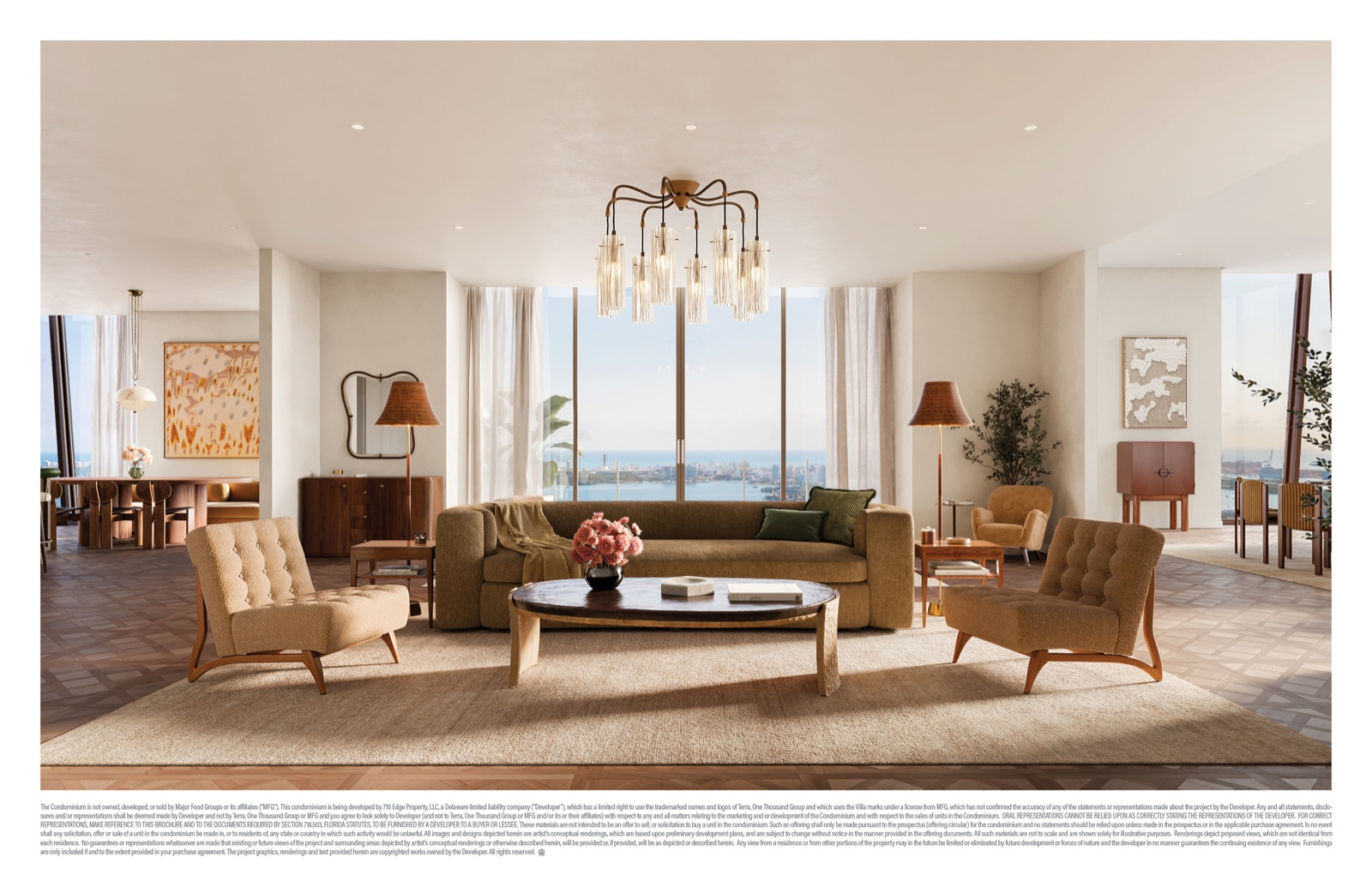 Villa Triplo Penthouse great room — double-height living space with sweeping 360° views of the bay, ocean, and Miami skyline.