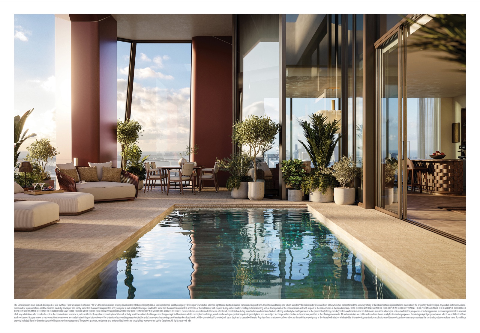 Private rooftop pool of the Villa Triplo Penthouse — adjacent to the rooftop helipad, with Biscayne Bay panorama.