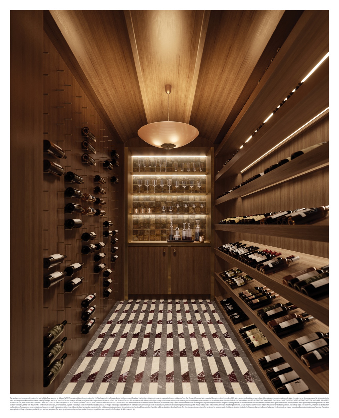 Villa Triplo Penthouse wine room — temperature-controlled cellar with custom Italian cabinetry.