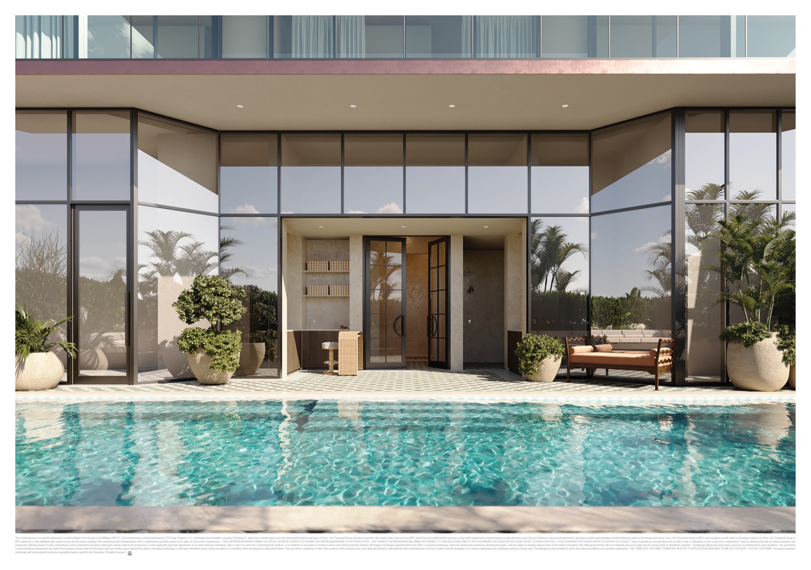 Outdoor pool deck at Villa Miami — fully serviced lounges and daybeds with MFG poolside food and beverage service.