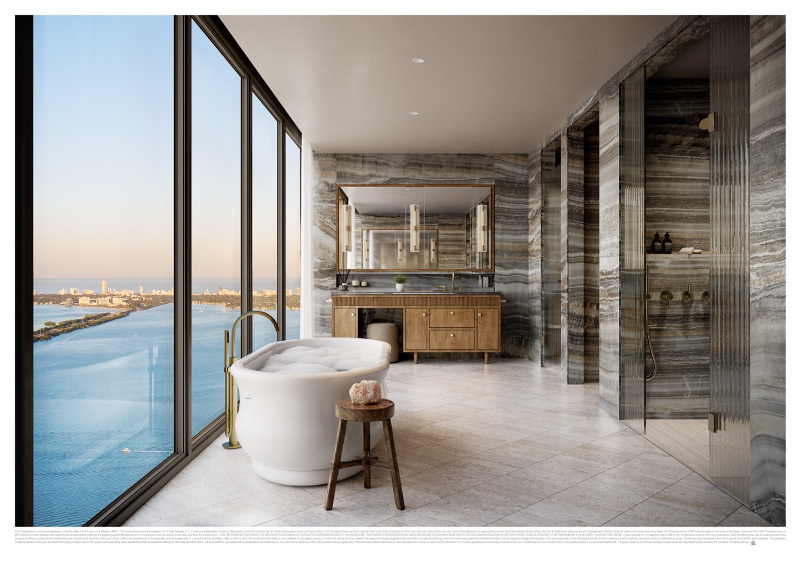 Primary en suite bath at Villa Miami — Greige Onyx porcelain walls and counter, travertine porcelain floors, fluted glass shower doors, Dornbracht and Duravit fixtures.