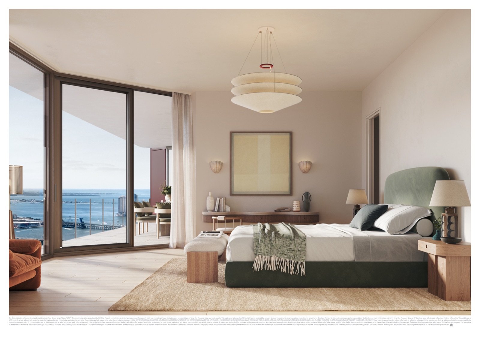 Primary suite at Villa Miami — sweeping bay views, lounge area, direct balcony access.