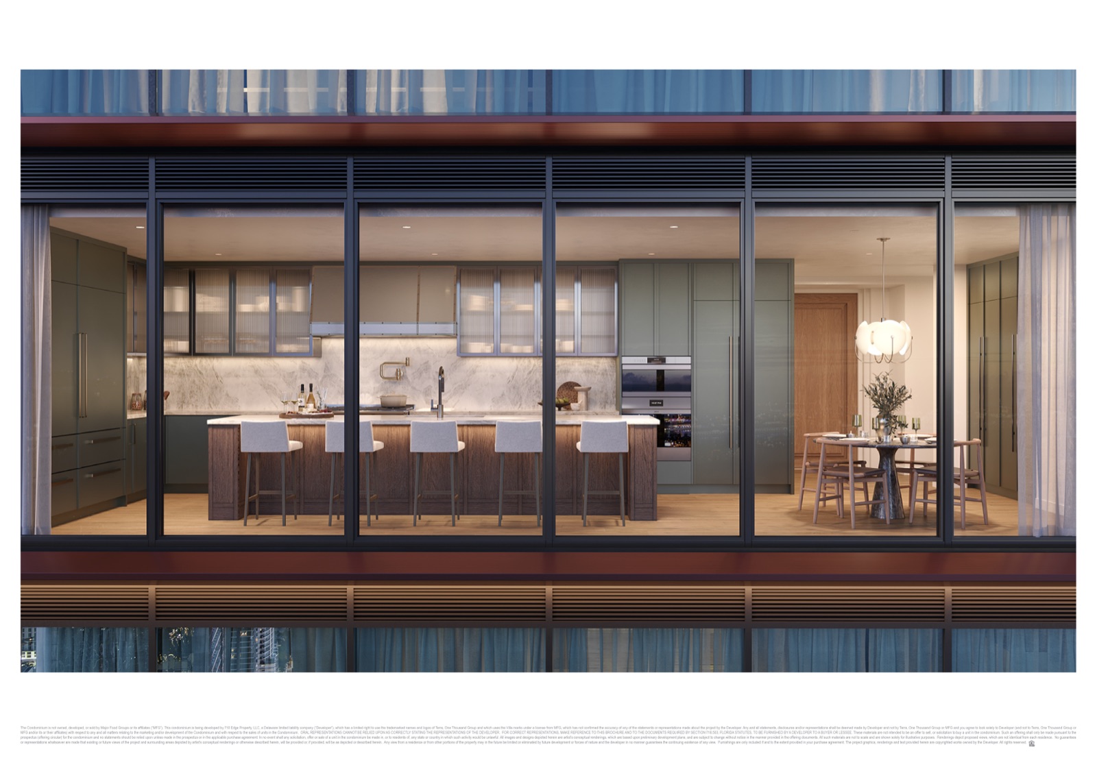 Mario Carbone chef's kitchen at Villa Miami — CornuFé dual-fuel range, Taj Mahal quartzite, fluted glass Italian cabinetry, Wolf and Sub-Zero appliances.