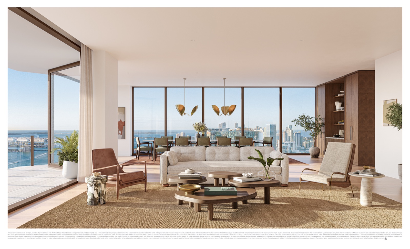 Villa Piano great room at Villa Miami — 10- to 11-foot ceilings, floor-to-ceiling windows, sunrise and sunset terraces over Biscayne Bay.