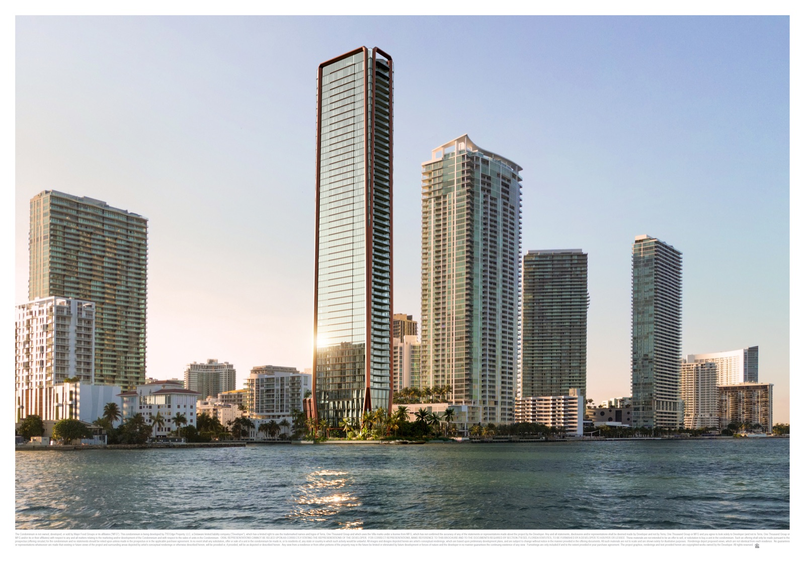 Villa Miami waterfront — premium Biscayne Bay frontage on two sides of the building, with private dock and Lake Como–inspired floating pool.